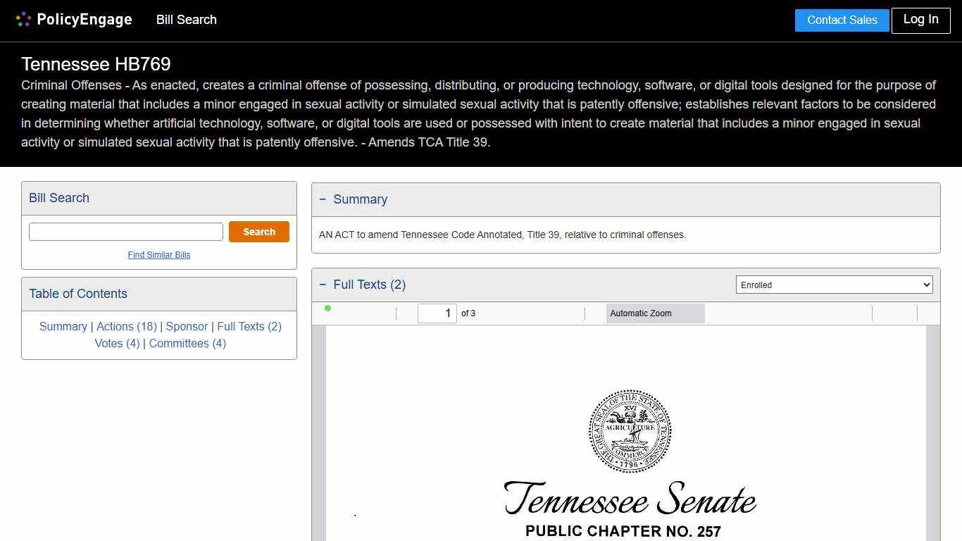 HB769 Tennessee 2025-2026 Criminal Offenses - As enacted, creates a criminal offense of possessing, distributing, or producing technology, software, or digital tools designed for the purpose of creating material that includes a minor engaged in sexual activity or simulated sexual activity that is patently offensive; establishes relevant factors to be considered in determining whether artificial technology, software, or digital tools are used or possessed with intent to create material that inclu